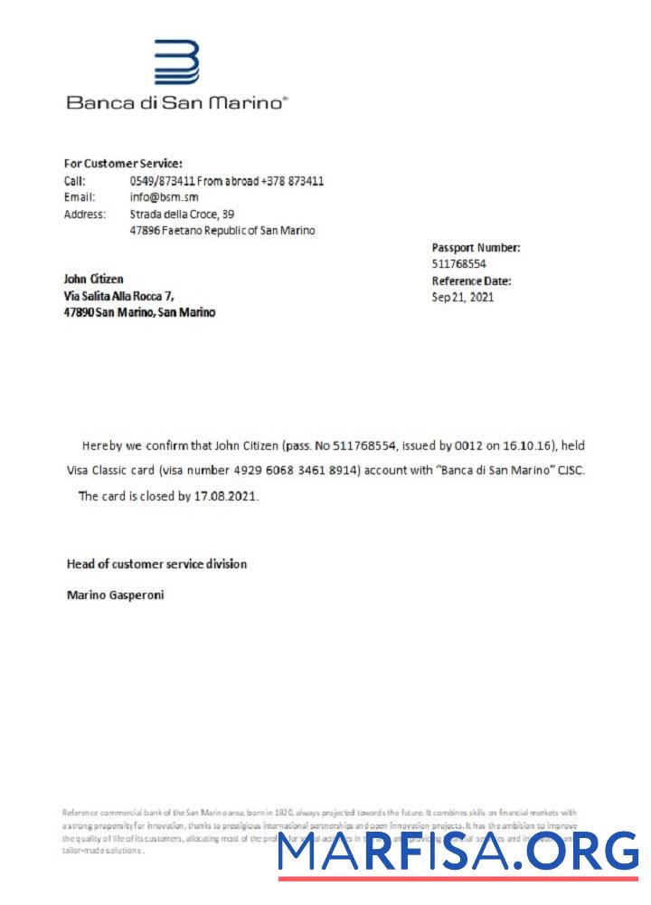 Downloadable San Marino Banca di San Marino closure reference download for verification